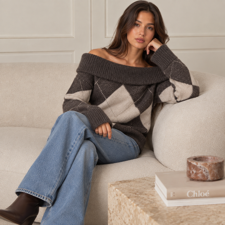 Twist | Brown Argyle Off Shoulder Sweater
