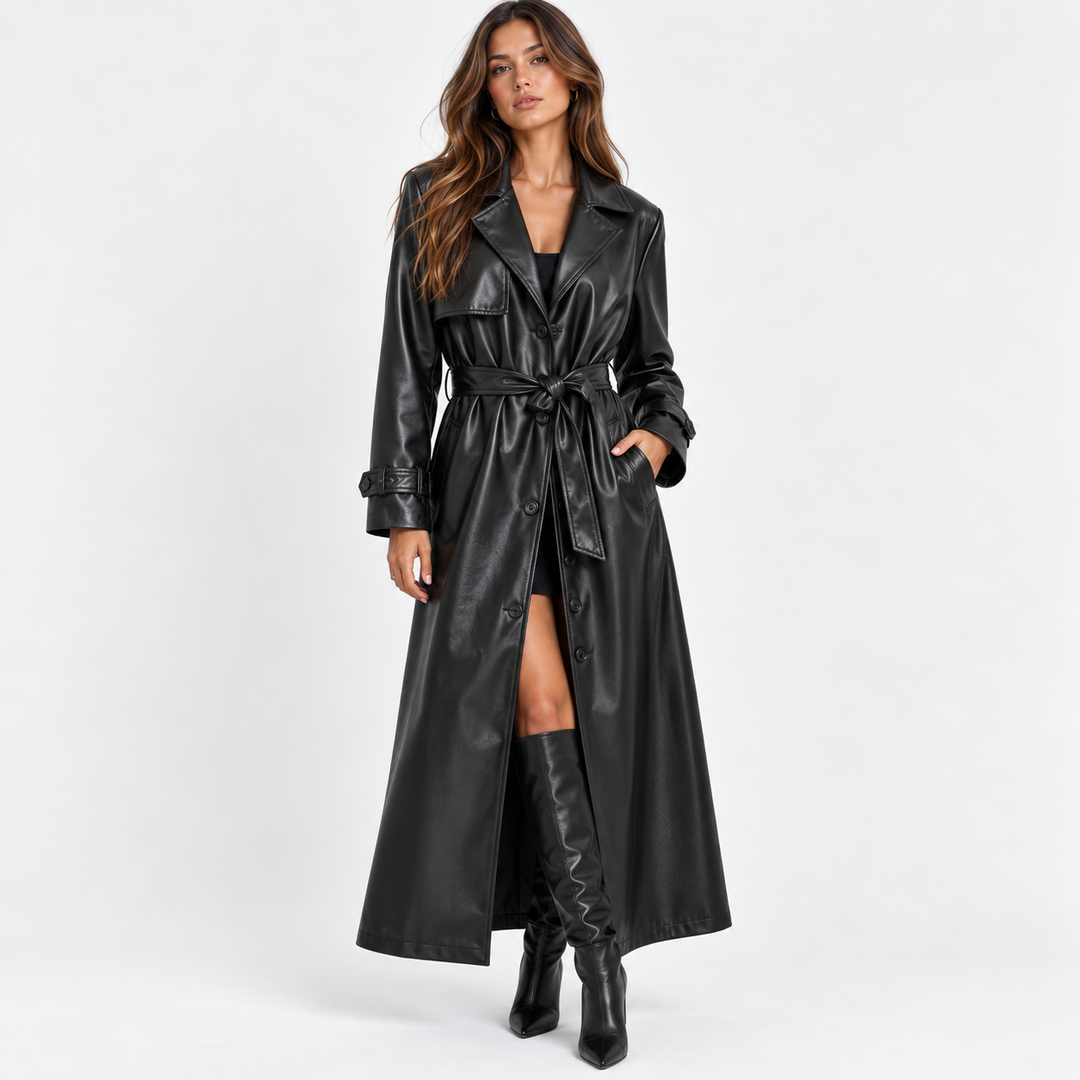 Flash | Faux Leather Belted Trench Coat