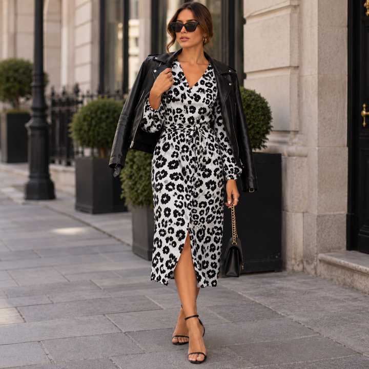 Spot | Black and White Leopard Print Wrap Maxi Dress