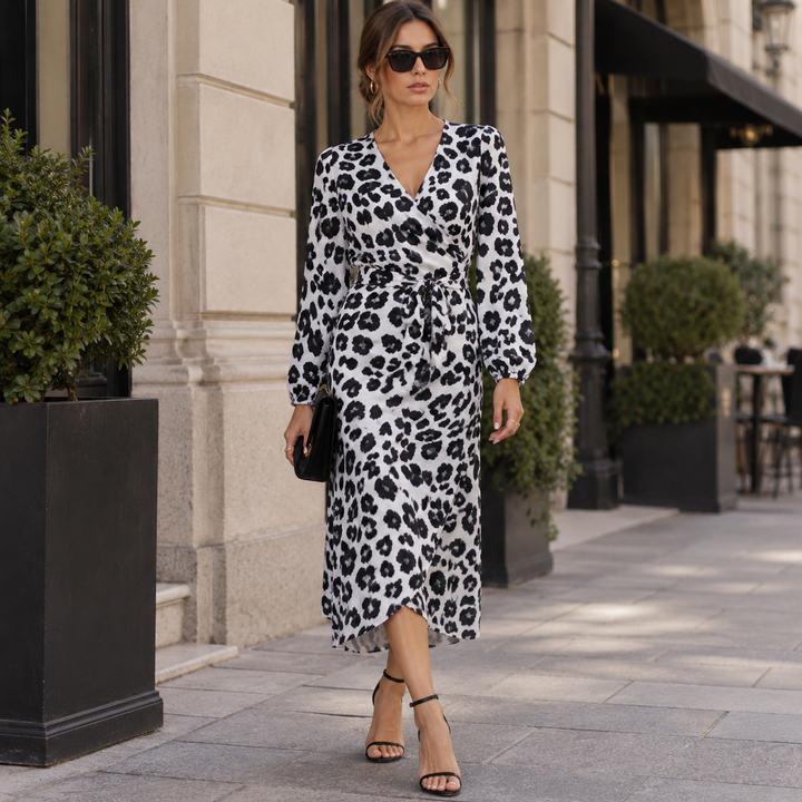 Spot | Black and White Leopard Print Wrap Maxi Dress