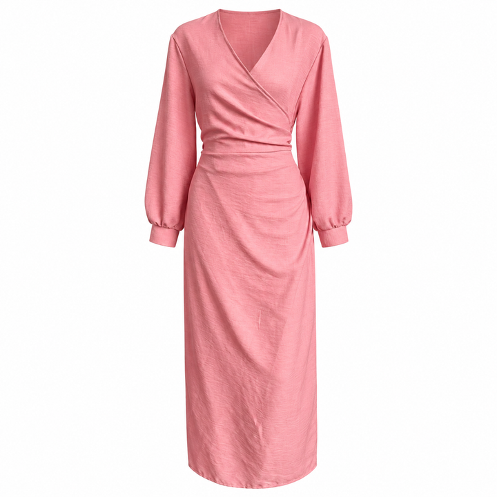 Held | Pink Draped V Neck Wrap Maxi Dress