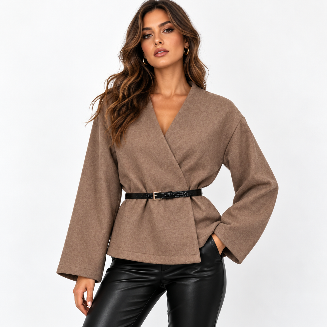 Soothe | Taupe Belted Wrap Crop Jacket