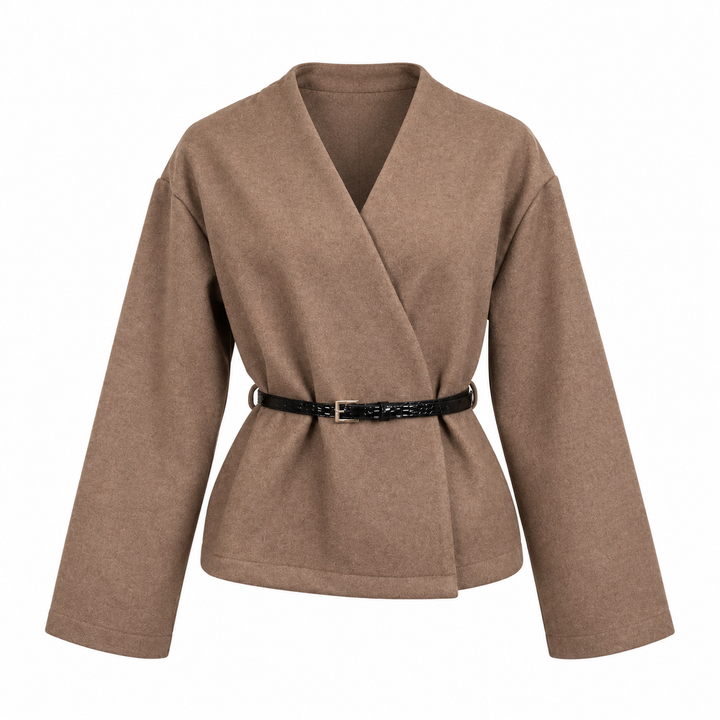 Soothe | Taupe Belted Wrap Crop Jacket