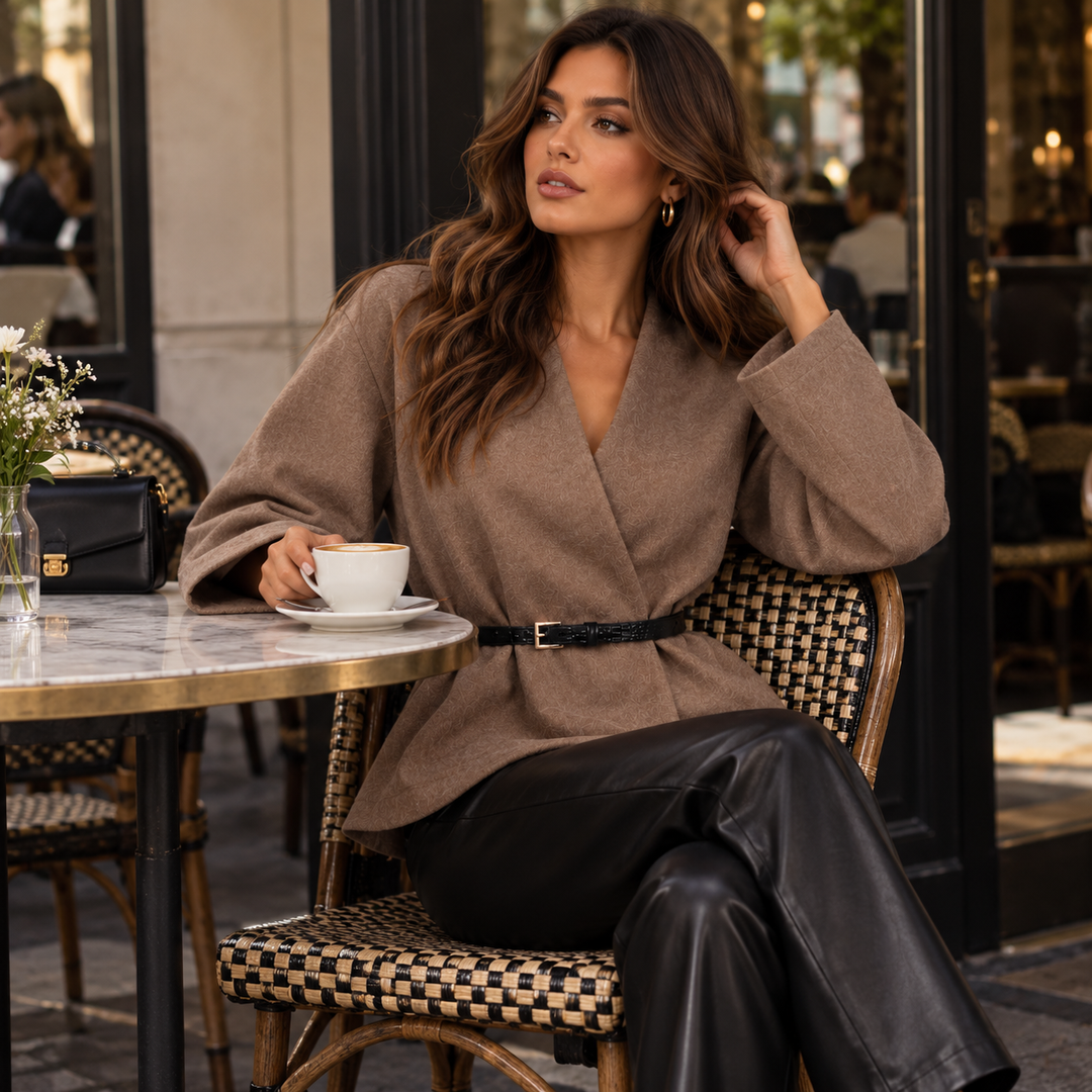 Soothe | Taupe Belted Wrap Crop Jacket