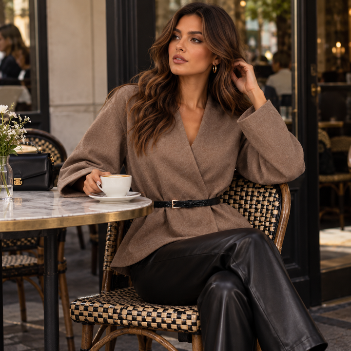 Soothe | Taupe Belted Wrap Crop Jacket