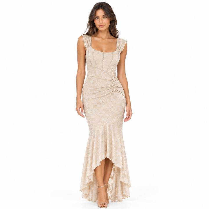 Faint | Cream Lace Square Neck Asymmetric Maxi Dress