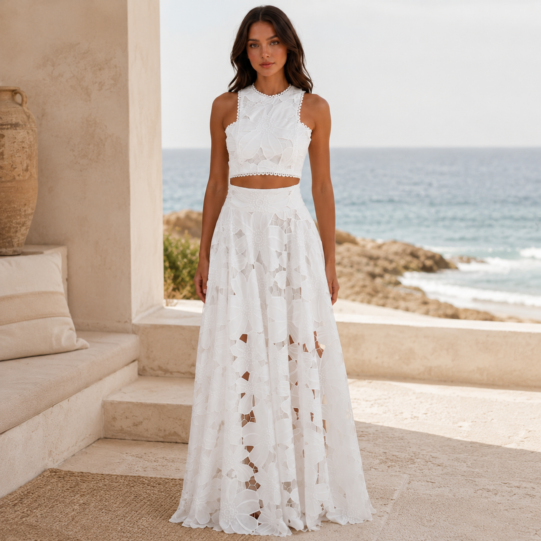 Blush | White Floral Lace Two Piece Maxi Skirt Set
