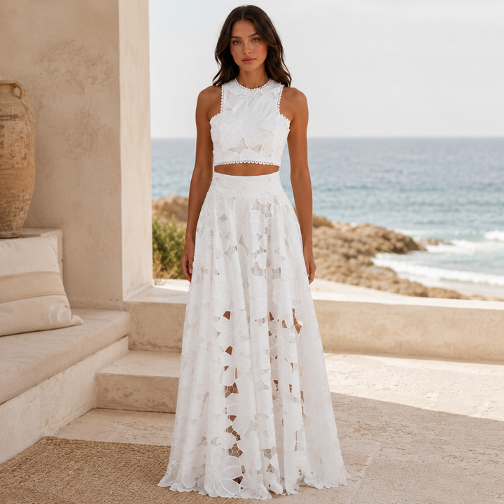 Blush | White Floral Lace Two Piece Maxi Skirt Set