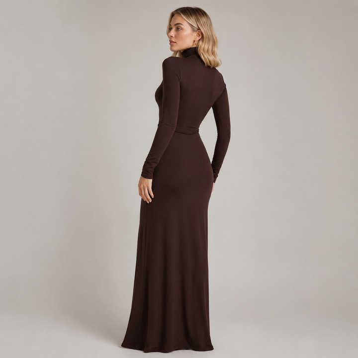 Tuck | Brown Turtleneck Long Sleeve Ruched High Slit Maxi Dress