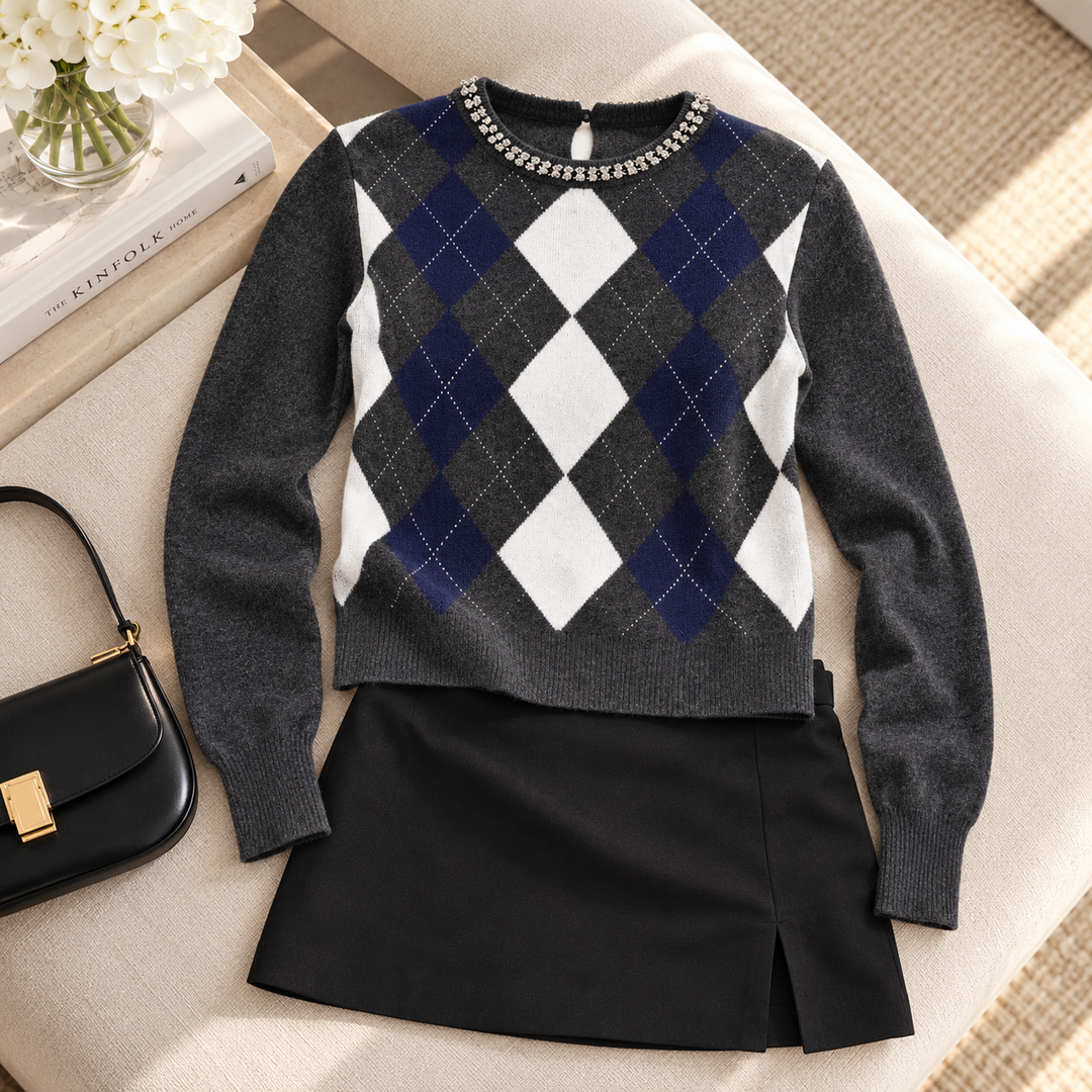 Cease | Gray Argyle Rhinestone Crew Neck Sweater
