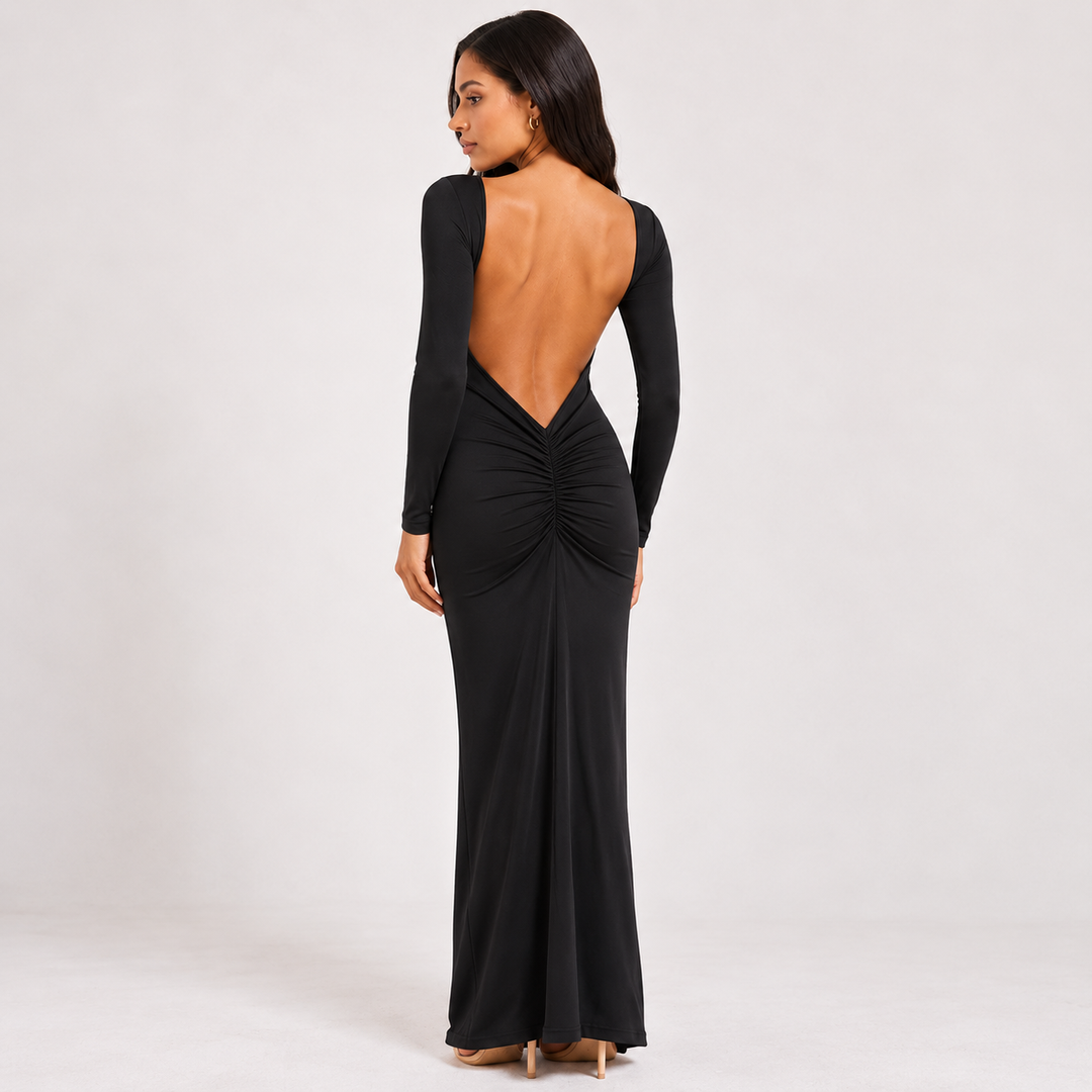 Hug | Black Long Sleeve Backless Maxi Dress