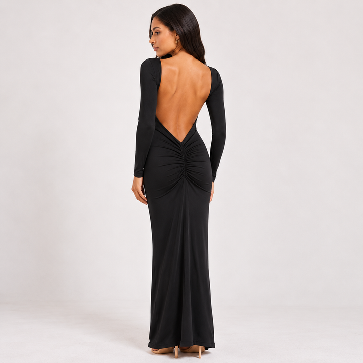 Hug | Black Long Sleeve Backless Maxi Dress