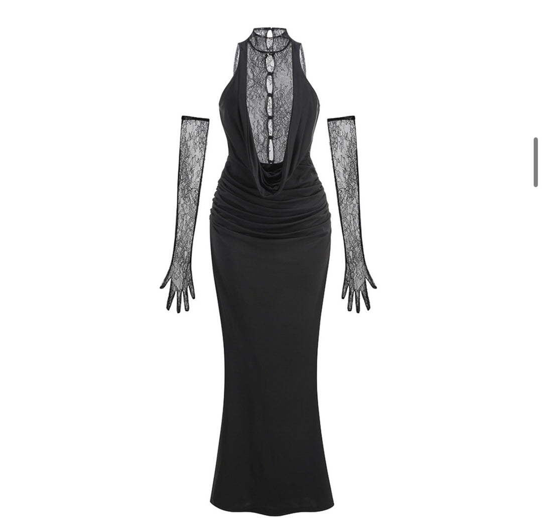 Nocturne | Lace Halter Maxi Dress with Gloves