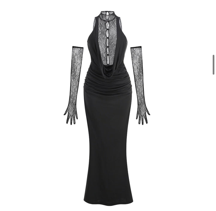 Nocturne | Lace Halter Maxi Dress with Gloves