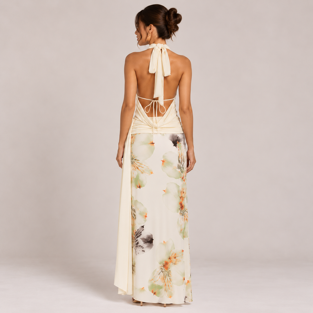 Soar | Light Yellow Halter Crop Top &amp; Wrap Maxi Skirt Set