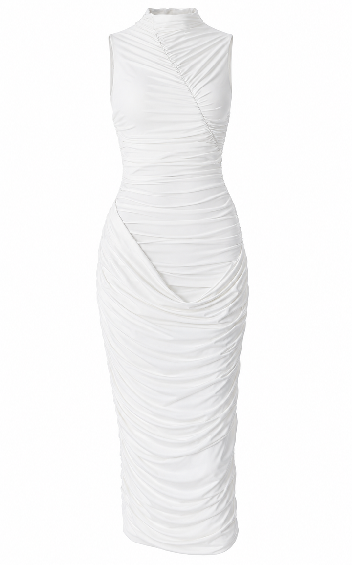 Loft | White Ruched Mock Neck Midi Dress
