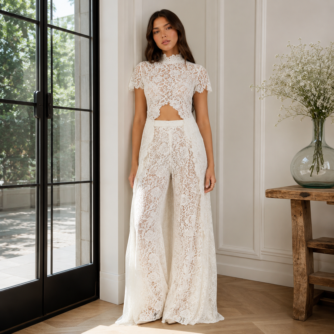 Charm | Sheer Lace Crop Top &amp; Wide-Leg Pants Set