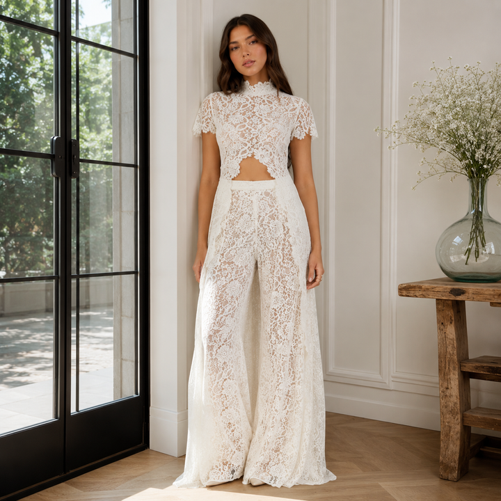 Charm | Sheer Lace Crop Top &amp; Wide-Leg Pants Set