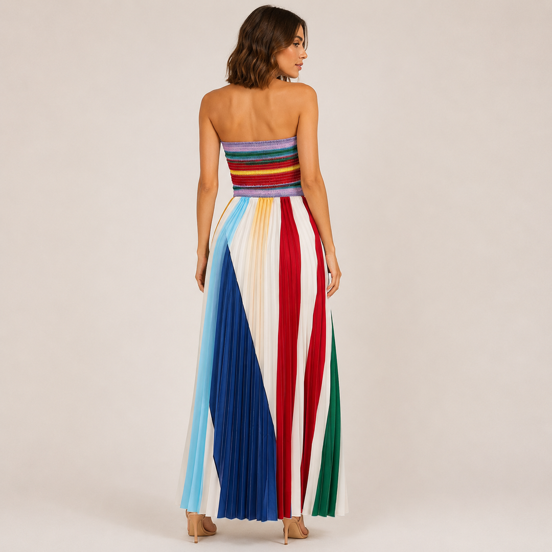 Prism | Multicolor Striped Pleated Strapless Maxi Dress