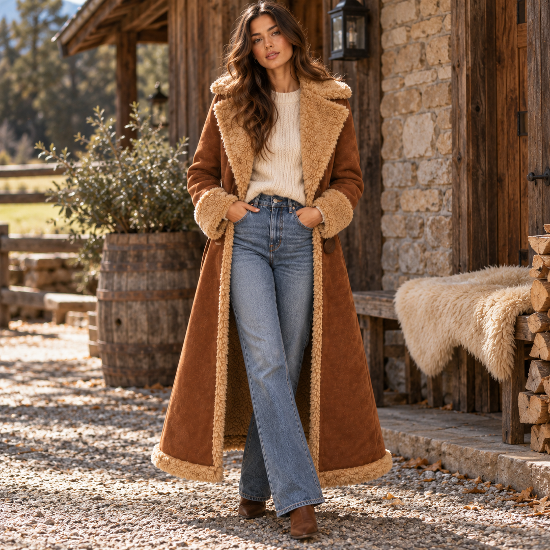 West | Brown Western Long Coat with Plush Trim