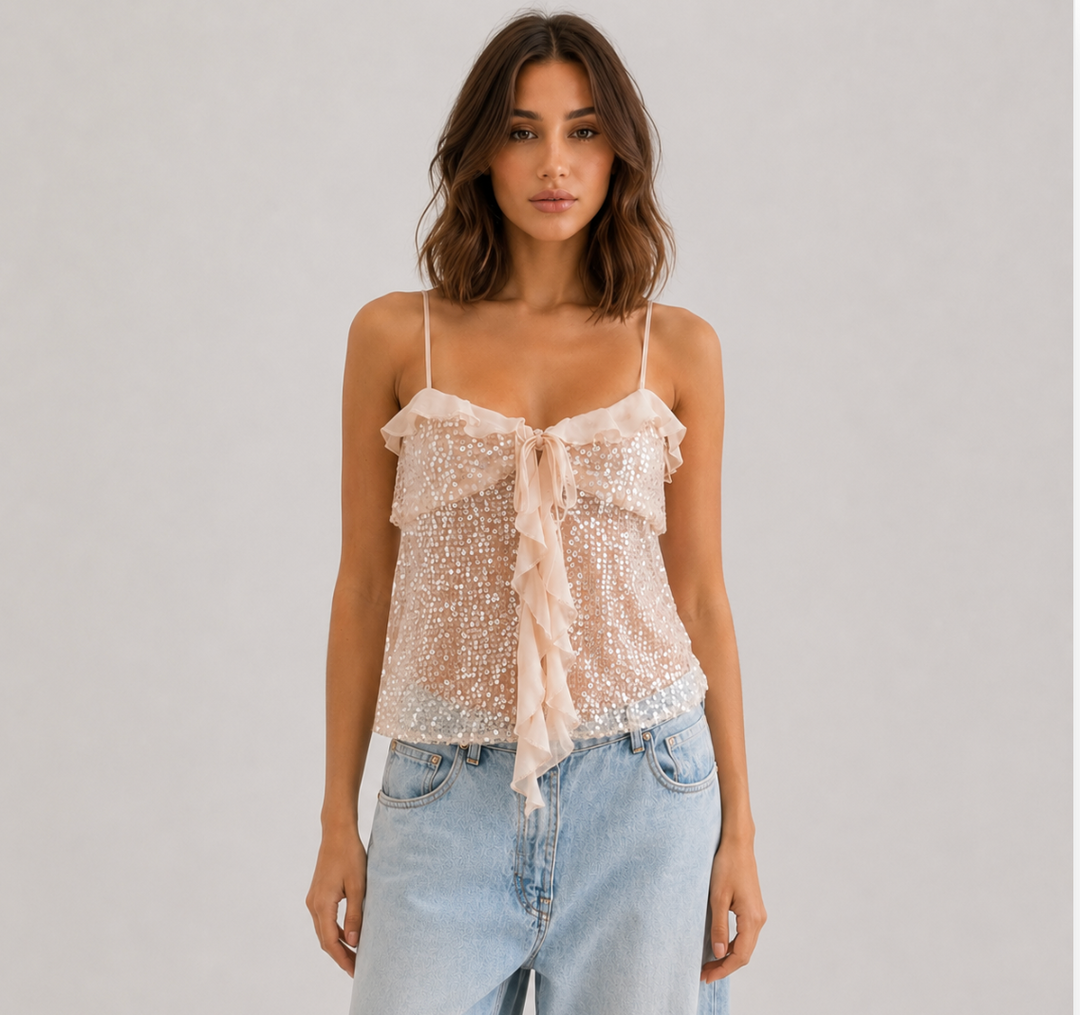 Spark | Champagne Sequin Ruffle Bow Cami Top