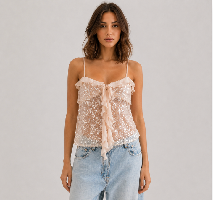 Spark | Champagne Sequin Ruffle Bow Cami Top
