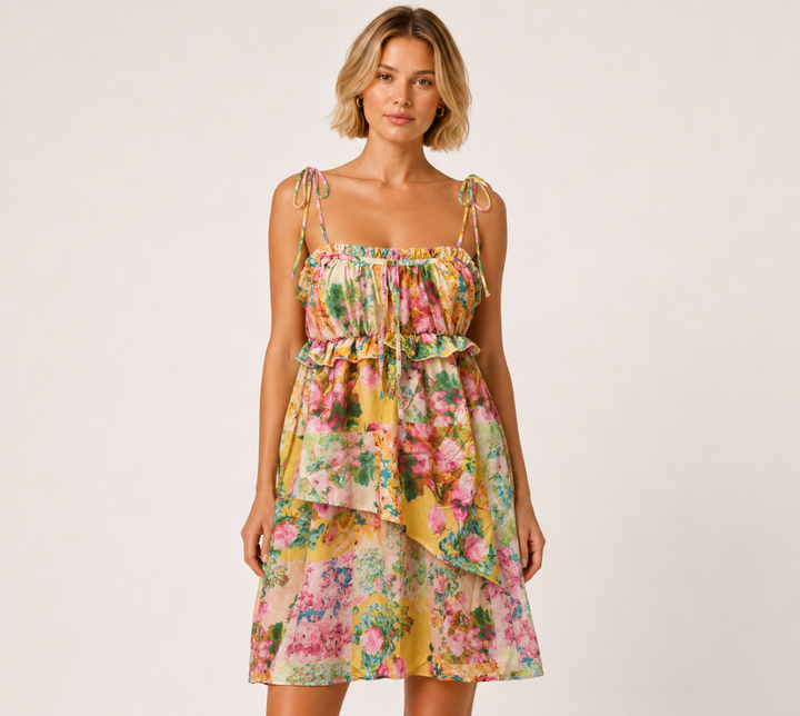 Kiss | Yellow Floral Babydoll Tie Strap Mini Dress