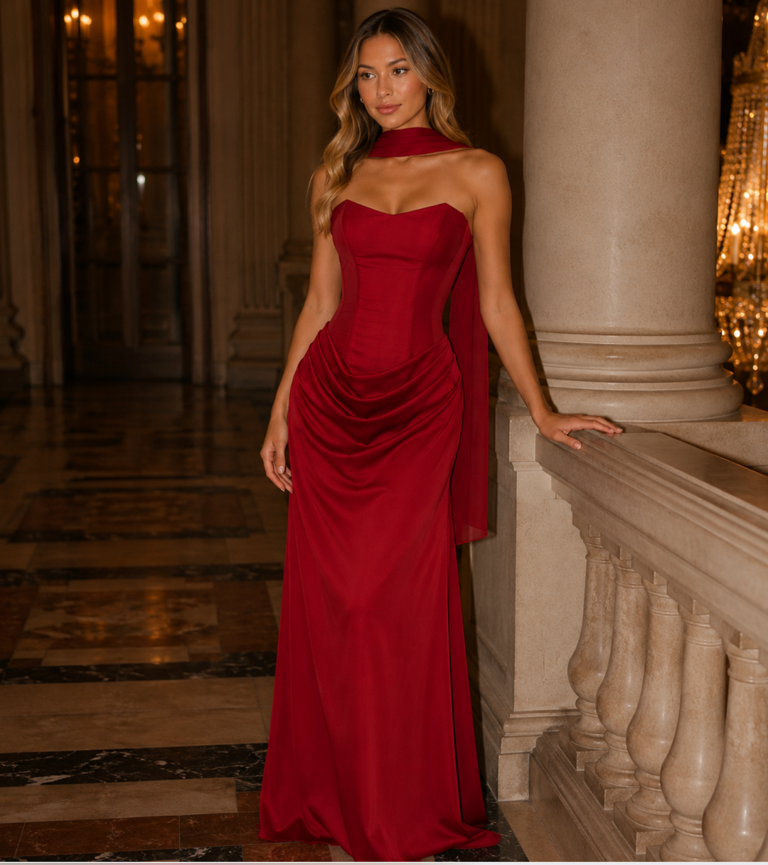 Flame | Red Strapless Corset Satin Maxi Dress