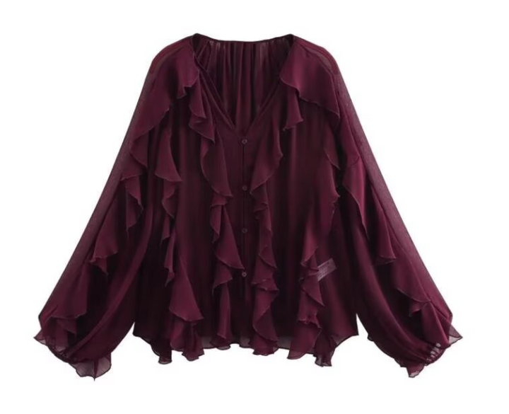 Flair | Ruffle Trim Balloon Sleeve Blouse