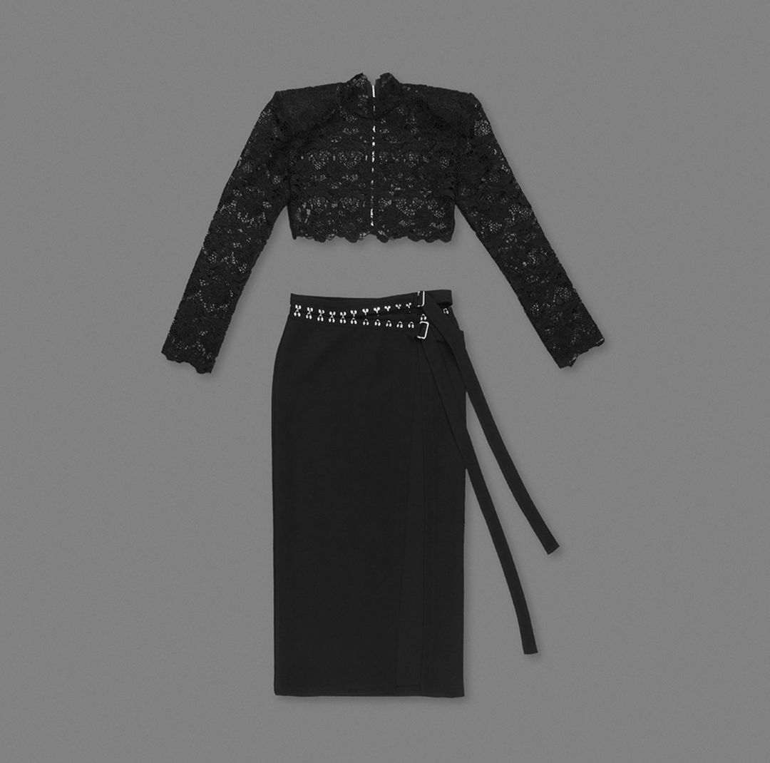 Sin | Sheer Lace Crop Top and High Slit Midi Skirt Set
