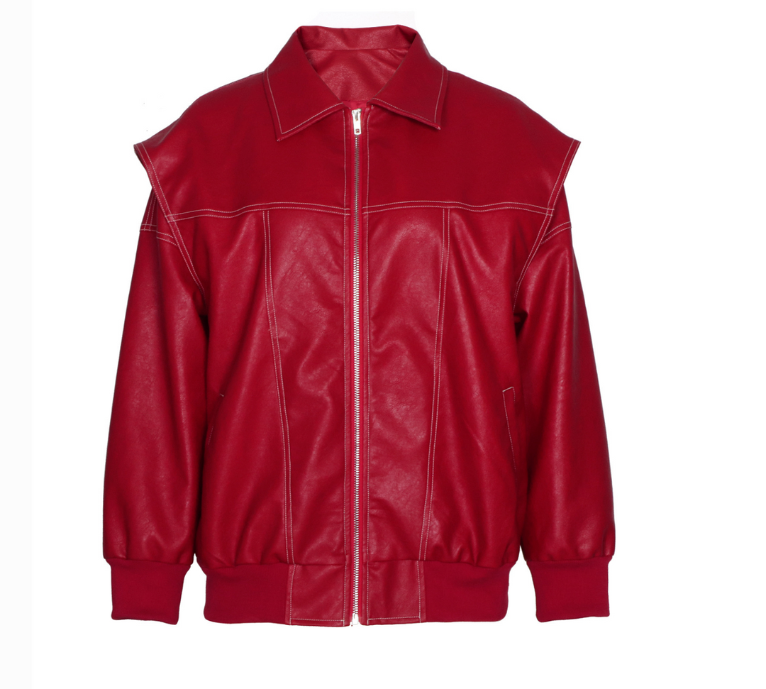 Bask | Red Faux Leather Oversized Bomber Jacket