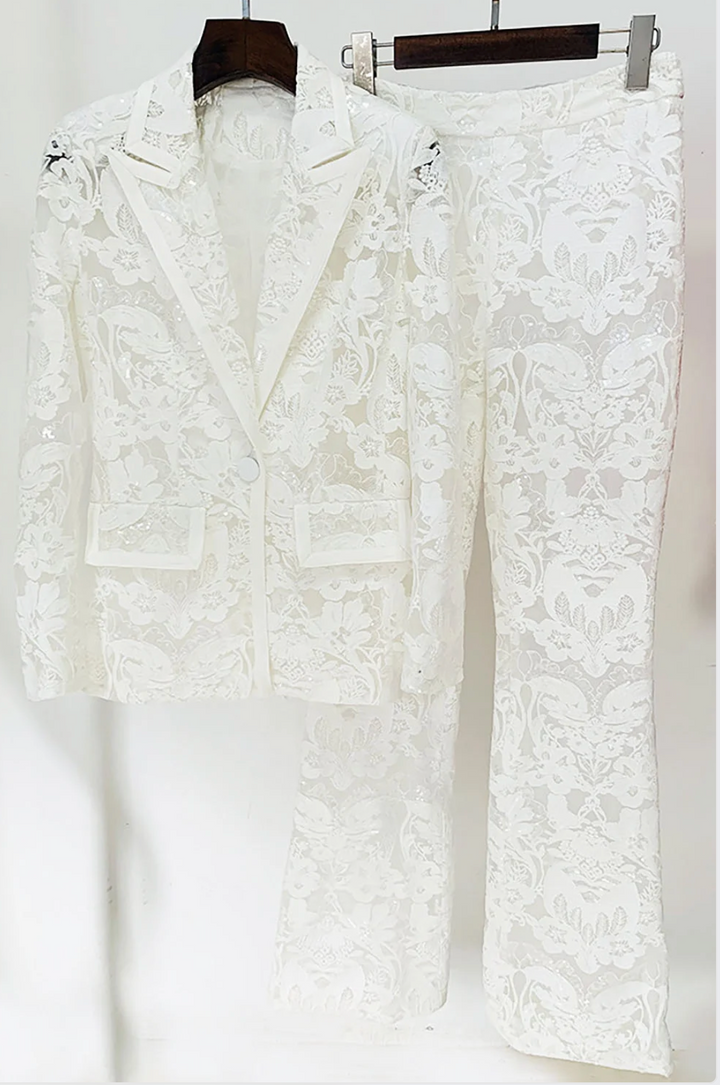 Jett | Sequin Lace Embroidered Blazer &amp; Pants Two Piece Set