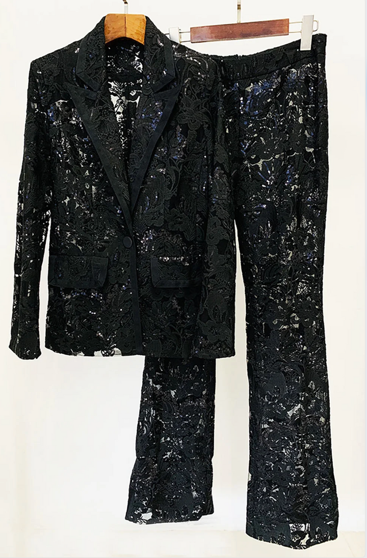 Jett | Sequin Lace Embroidered Blazer &amp; Pants Two Piece Set