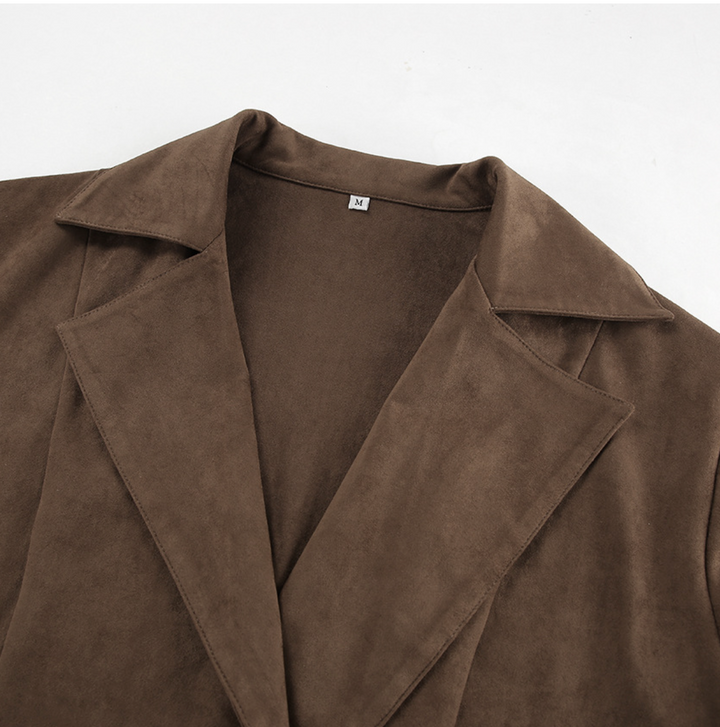 Plush | Brown Peplum Belted Suede Jacket