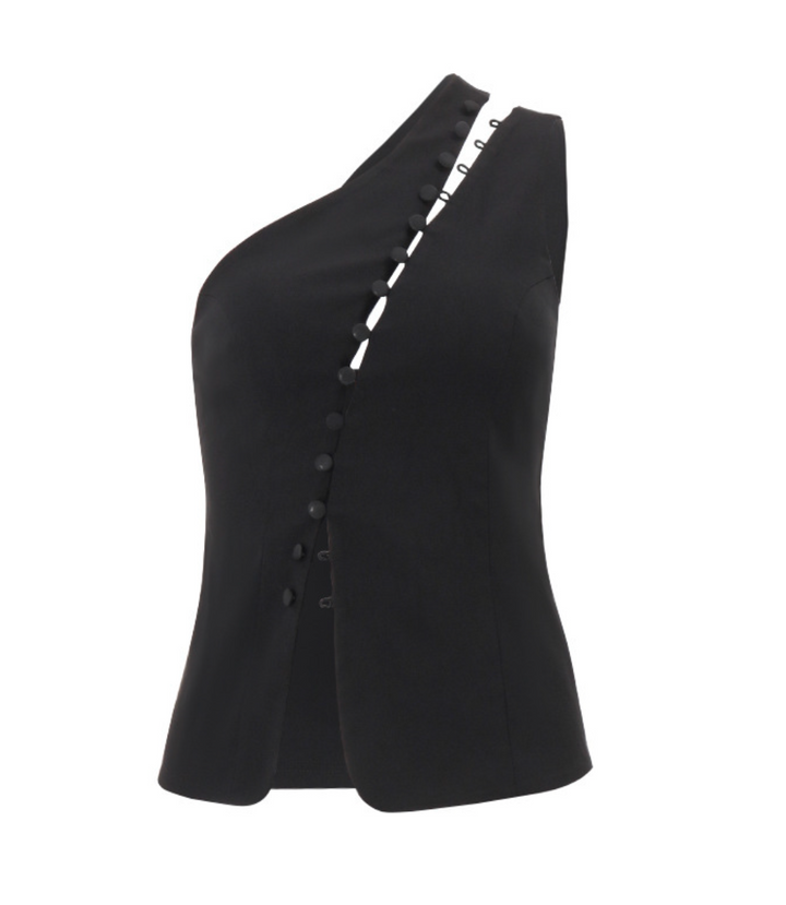 Cross | Black Asymmetric One Shoulder Button Vest