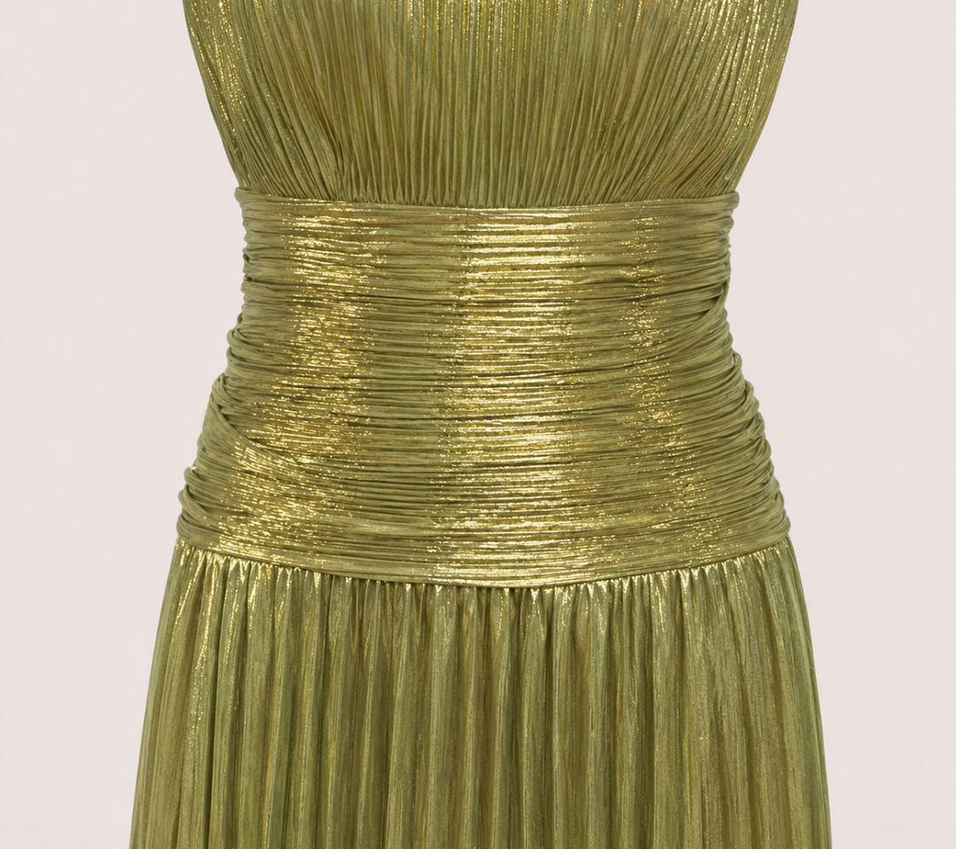 Beam | Metallic Green Halter Pleated High Slit Maxi Dress