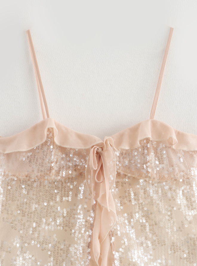 Spark | Champagne Sequin Ruffle Bow Cami Top