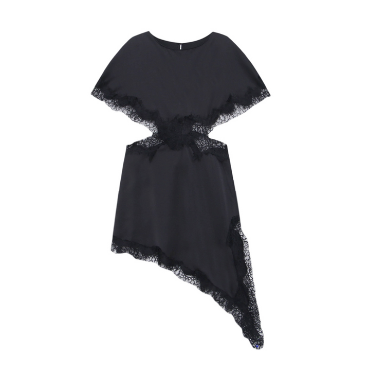 Slip |  Black Lace Cutout Asymmetric Midi Dress