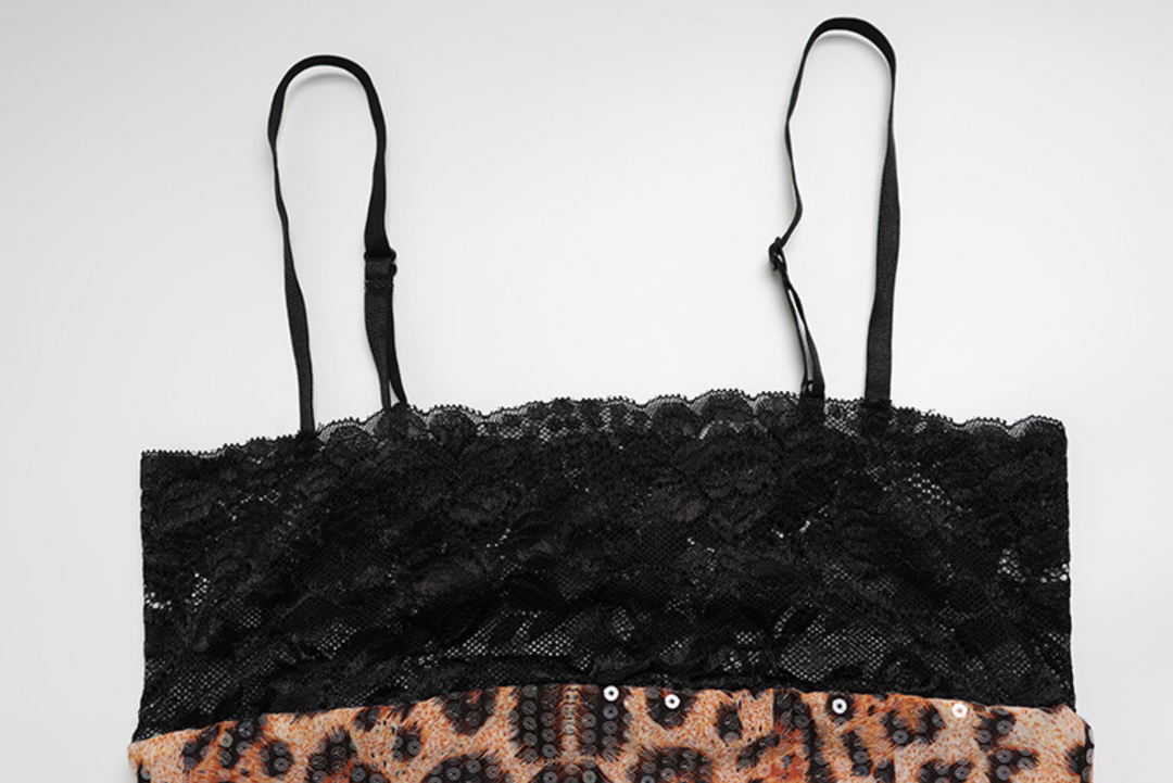 Prowl | Brown Leopard Sequin Lace Trim Spaghetti Strap Midi Dress