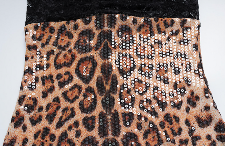 Prowl | Brown Leopard Sequin Lace Trim Spaghetti Strap Midi Dress