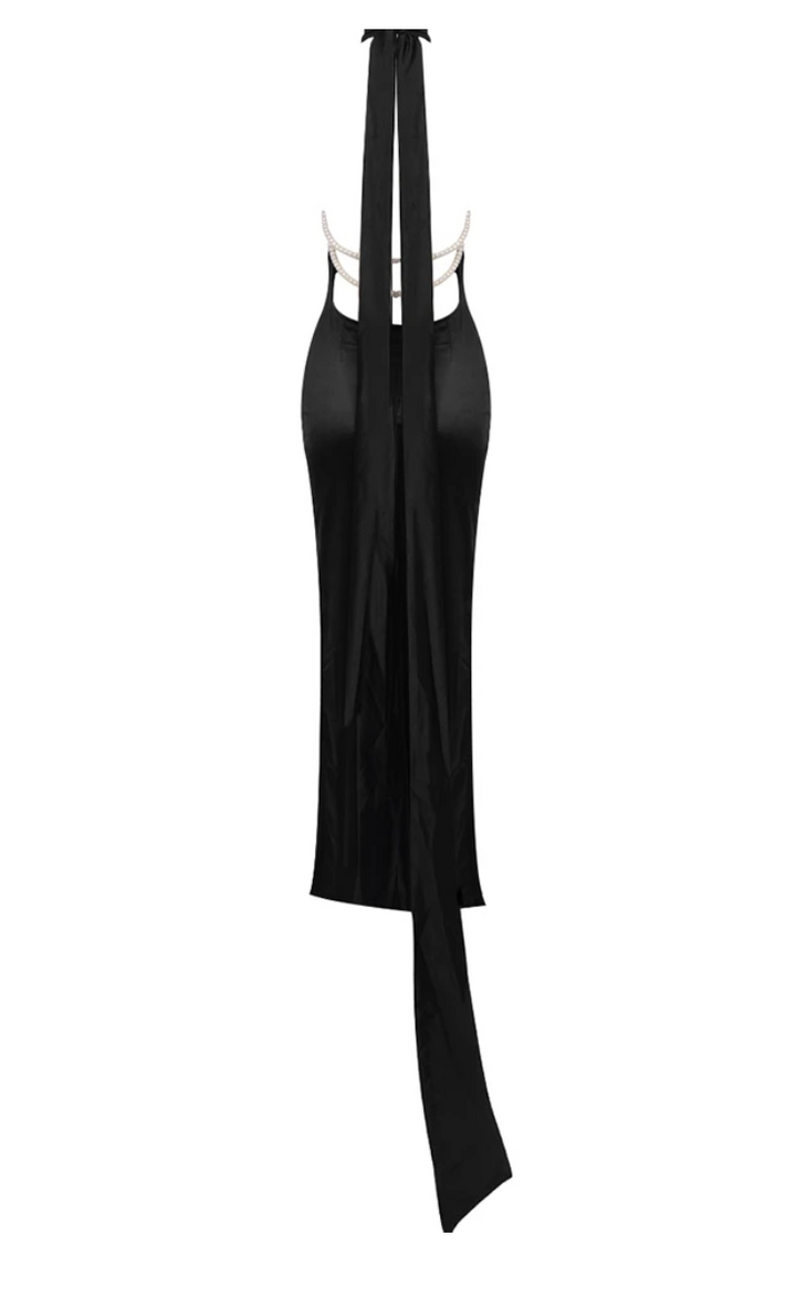 Pearl | Black Halter Satin Pearl Maxi Dress