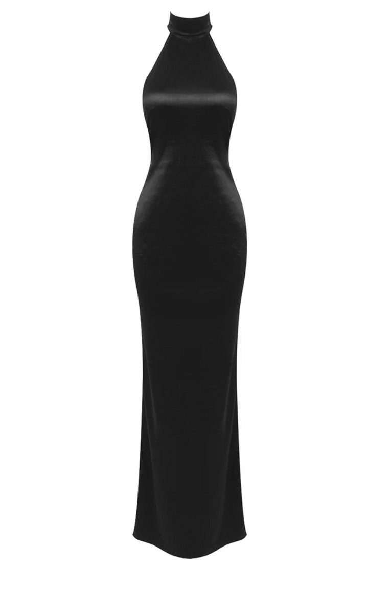 Pearl | Black Halter Satin Pearl Maxi Dress