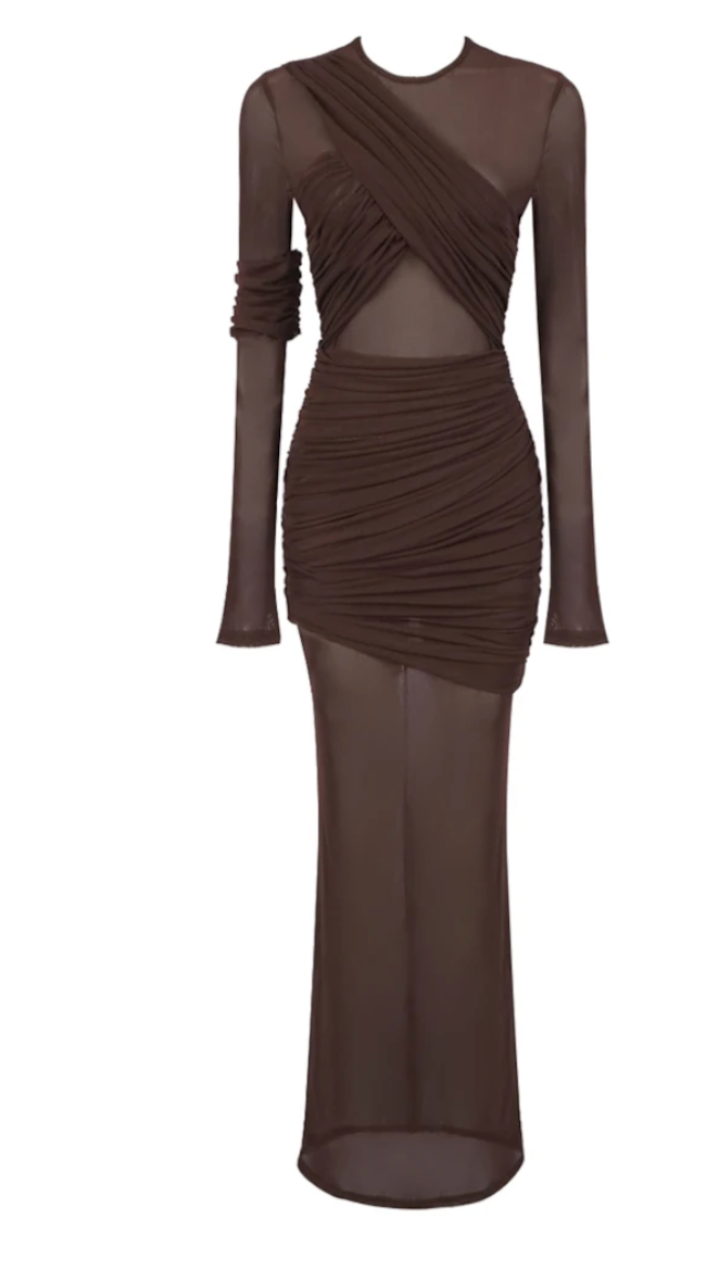 Tilt | Chocolate Brown Long Sleeve Mesh Maxi Dress