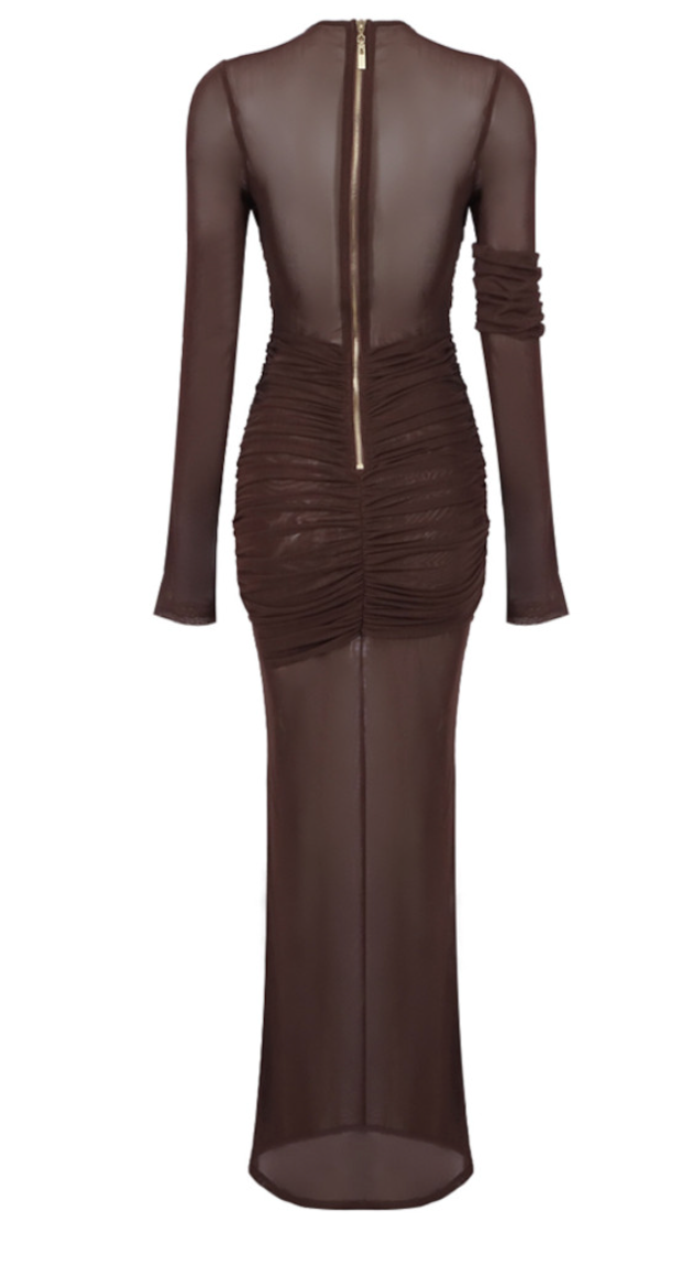Tilt | Chocolate Brown Long Sleeve Mesh Maxi Dress
