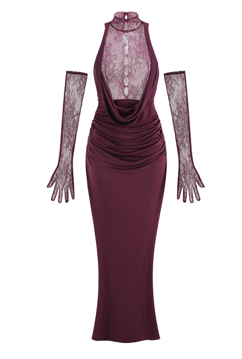 Nocturne | Lace Halter Maxi Dress with Gloves