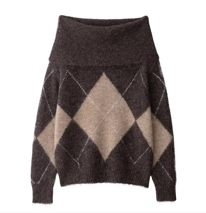 Twist | Brown Argyle Off Shoulder Sweater