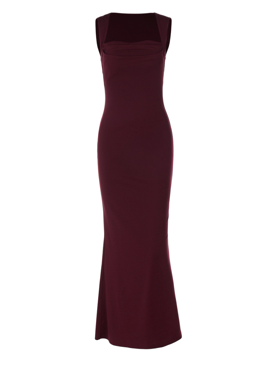 Frame | Burgundy Square Neck Pleated Bust Maxi Dress