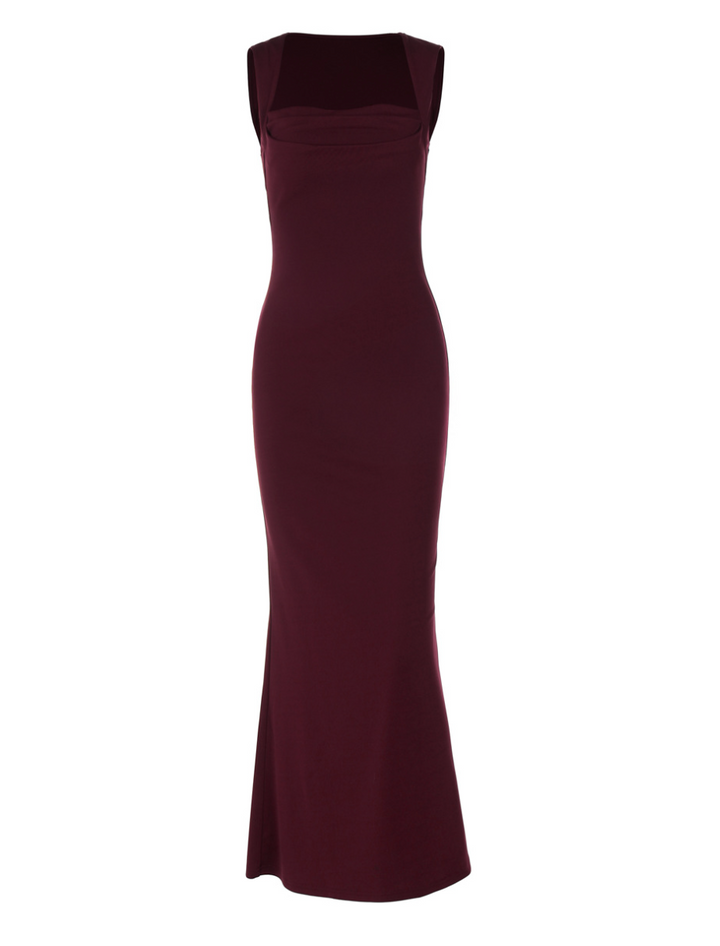 Frame | Burgundy Square Neck Pleated Bust Maxi Dress