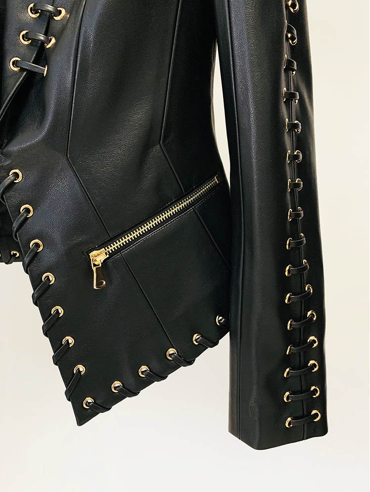 Riot black faux leather lace-up blazer, hem detail
