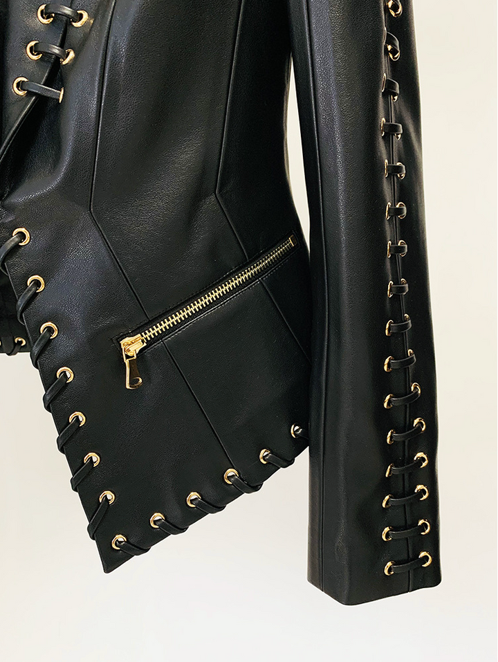Riot black faux leather lace-up blazer, hem detail